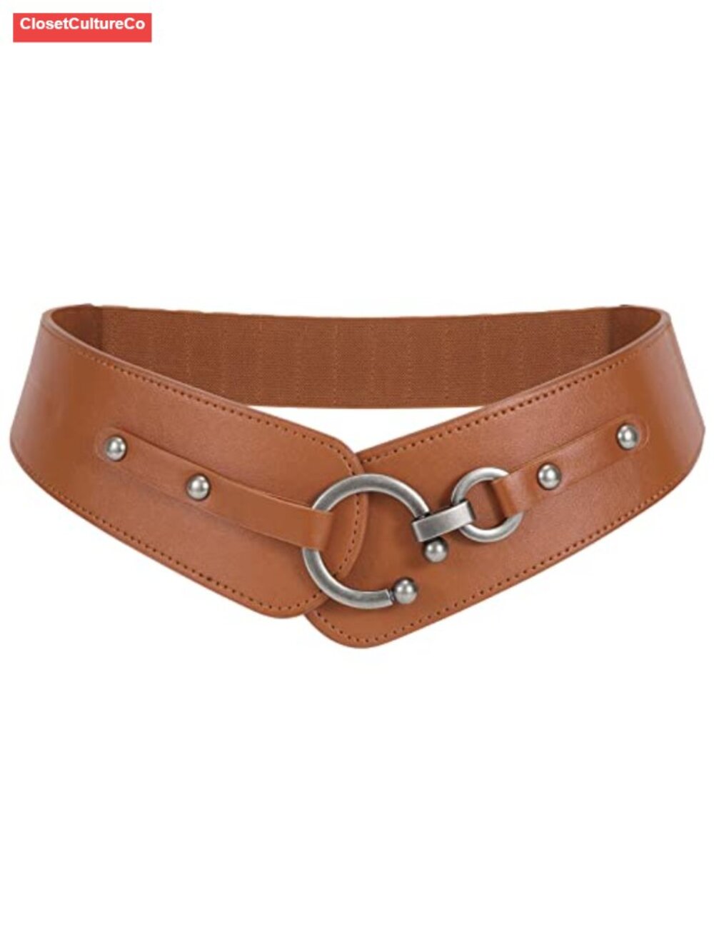 Women Vintage Wide Elastic Stretch Belt Faux Leather Interlock Buckle